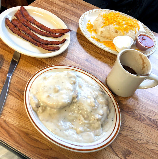 Biscuits and gravy and bacon